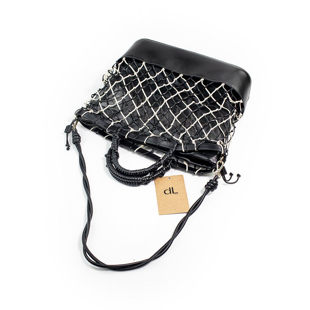 Bolsa Tramas de Couro Preto e Off White G - DL STORE - 