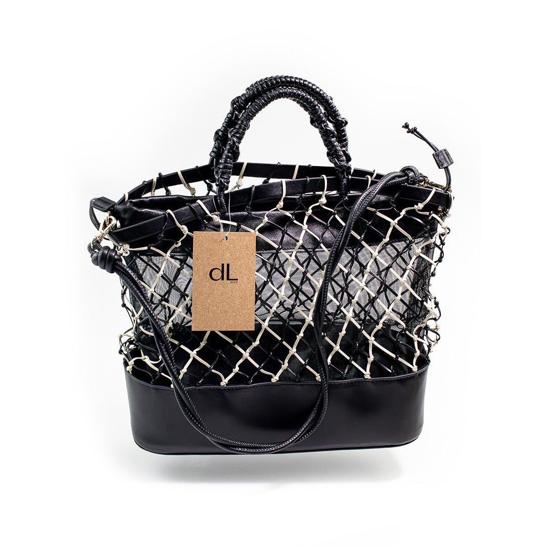 Bolsa Tramas de Couro Preto e Off White G - DL STORE - 